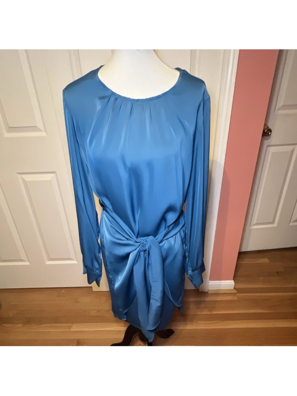 PrettyGarden Blue Satin Solid Mini Dress XXL Long Sleeve Button Tie Waist